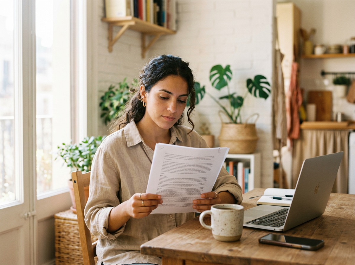 Generated image of a founder reading a printed document at a kitchen table